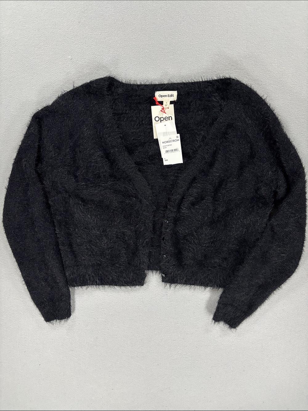 Black Fuzzy V-Neck Cropped Cardigan Sweater open edit L